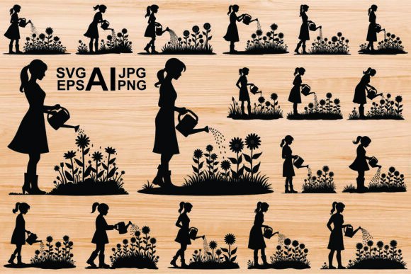 Download Silhouette of a Girl Watering Plants Set - Set Collection